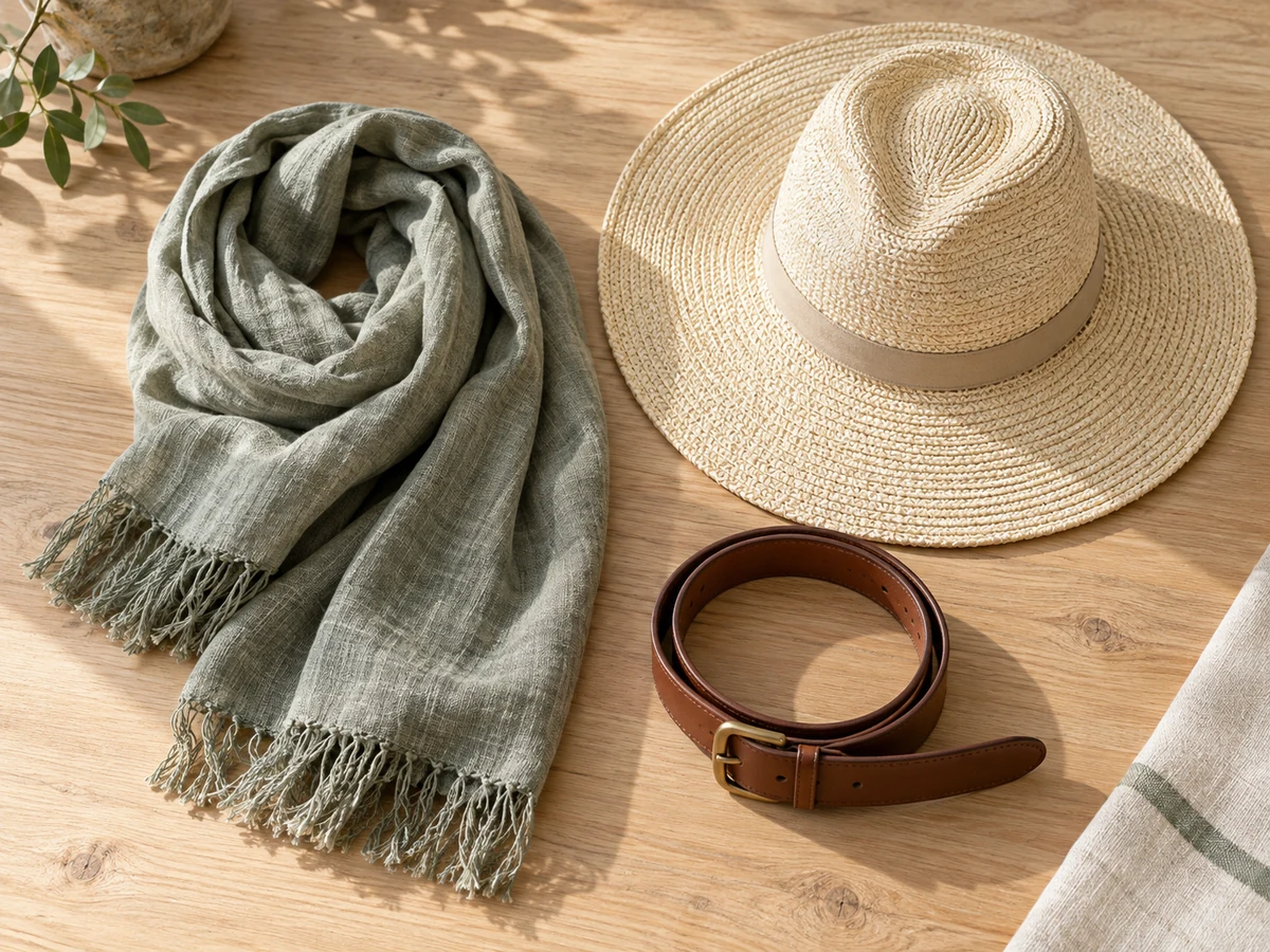 A scarf, hat and belt arranged as everyday accessories