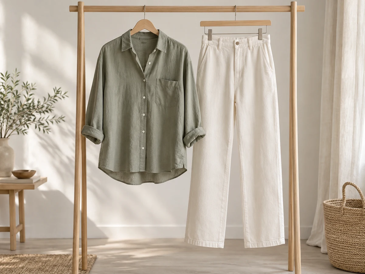 Neutral clothing arranged on a wooden rail