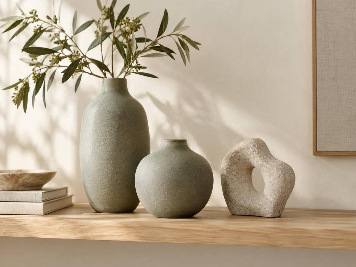 Ceramic vases and decorative objects in a softly lit interior