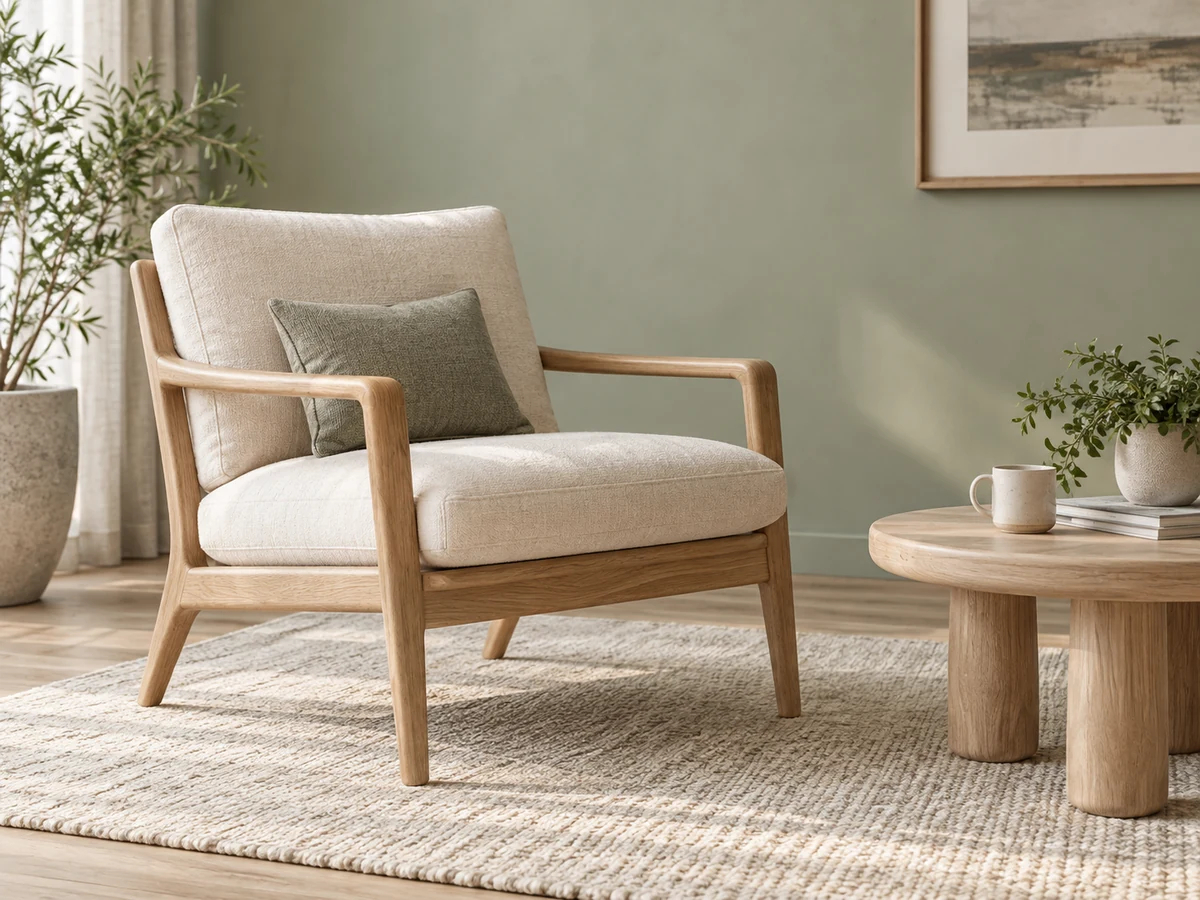 An upholstered armchair in a bright living space