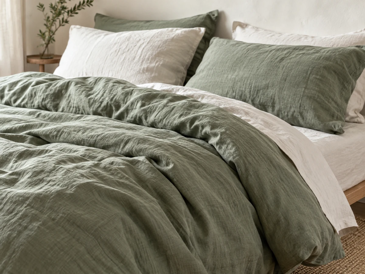 Layered green bedding on a neatly styled bed