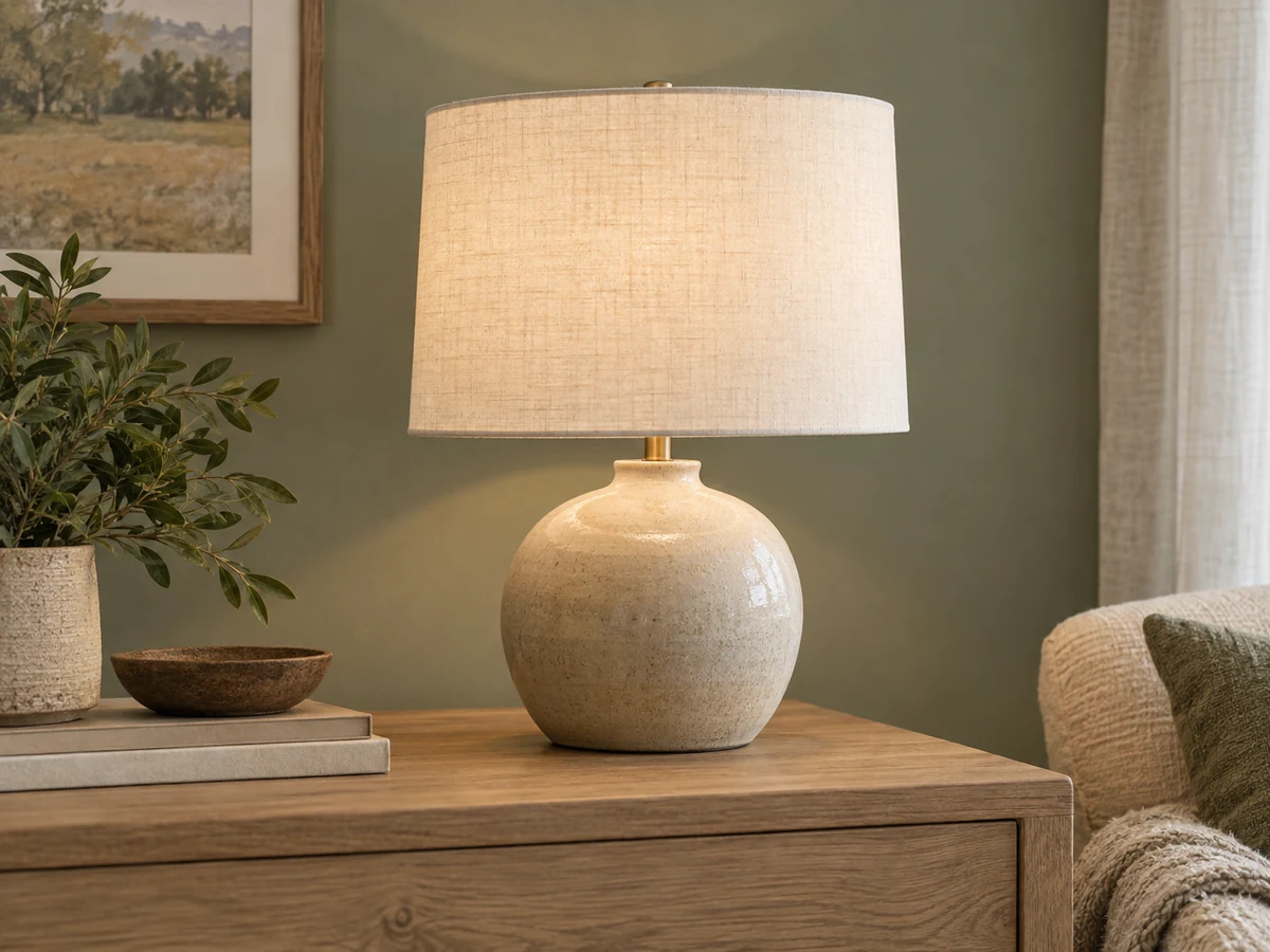 A table lamp styled in a warm neutral living room