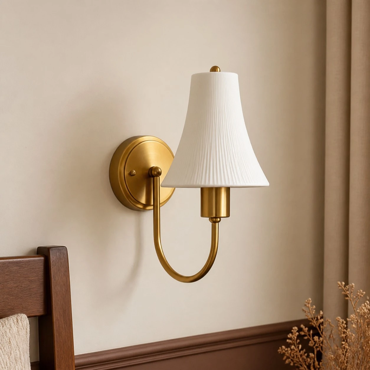 Antique brass ribbed ceramic shade wall sconce