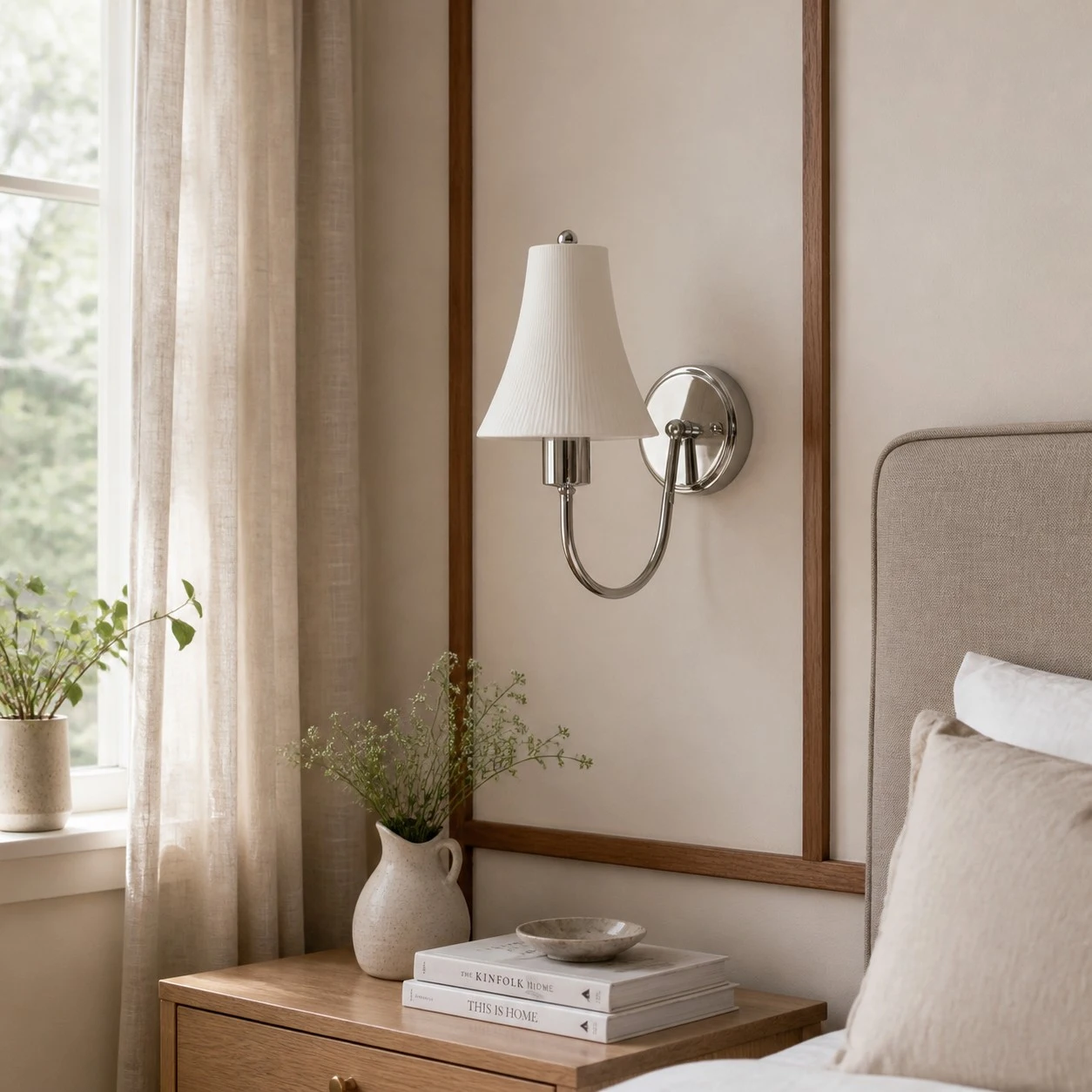 Antique brass ceramic wall sconce in a reading corner