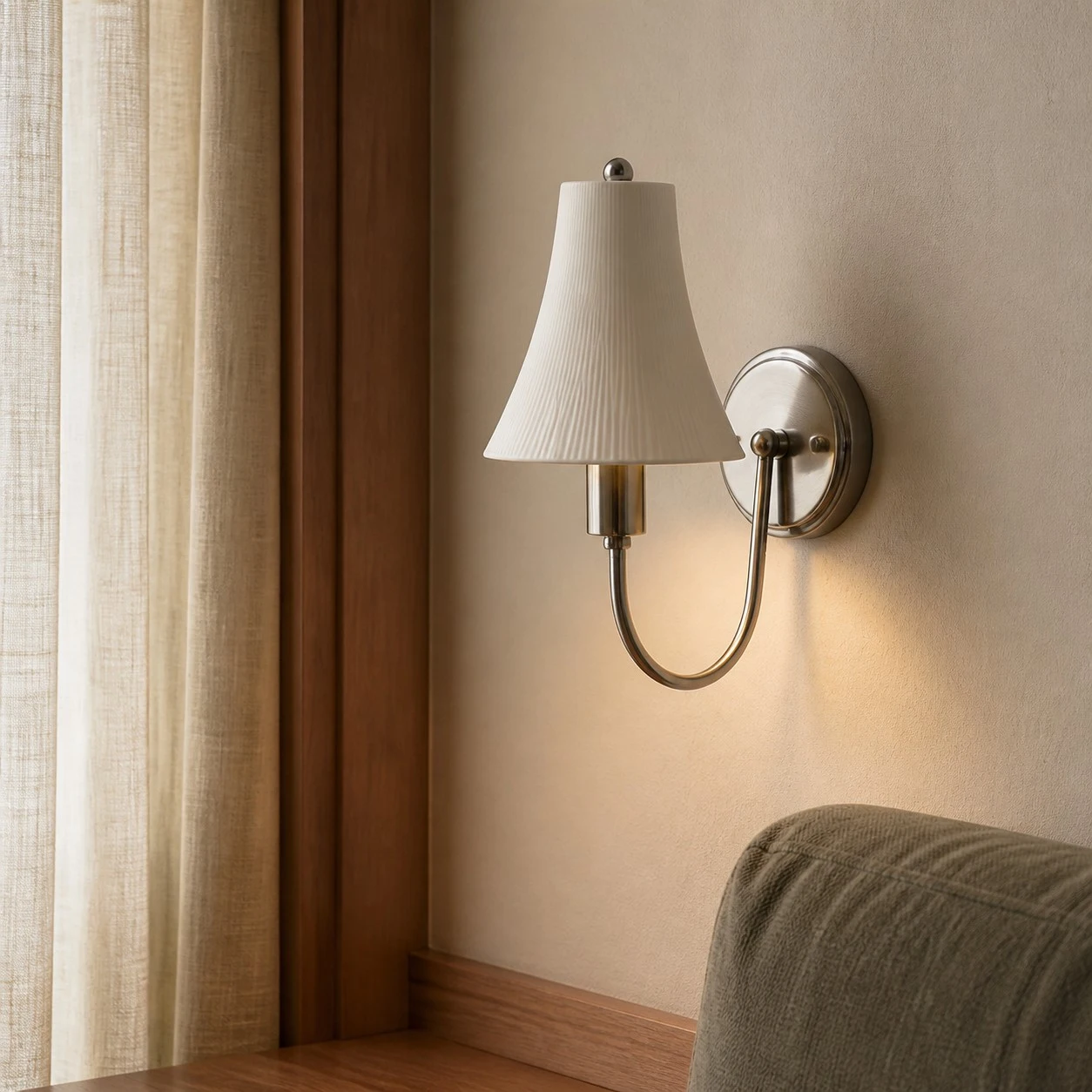 Polished chrome ceramic wall sconce illuminated