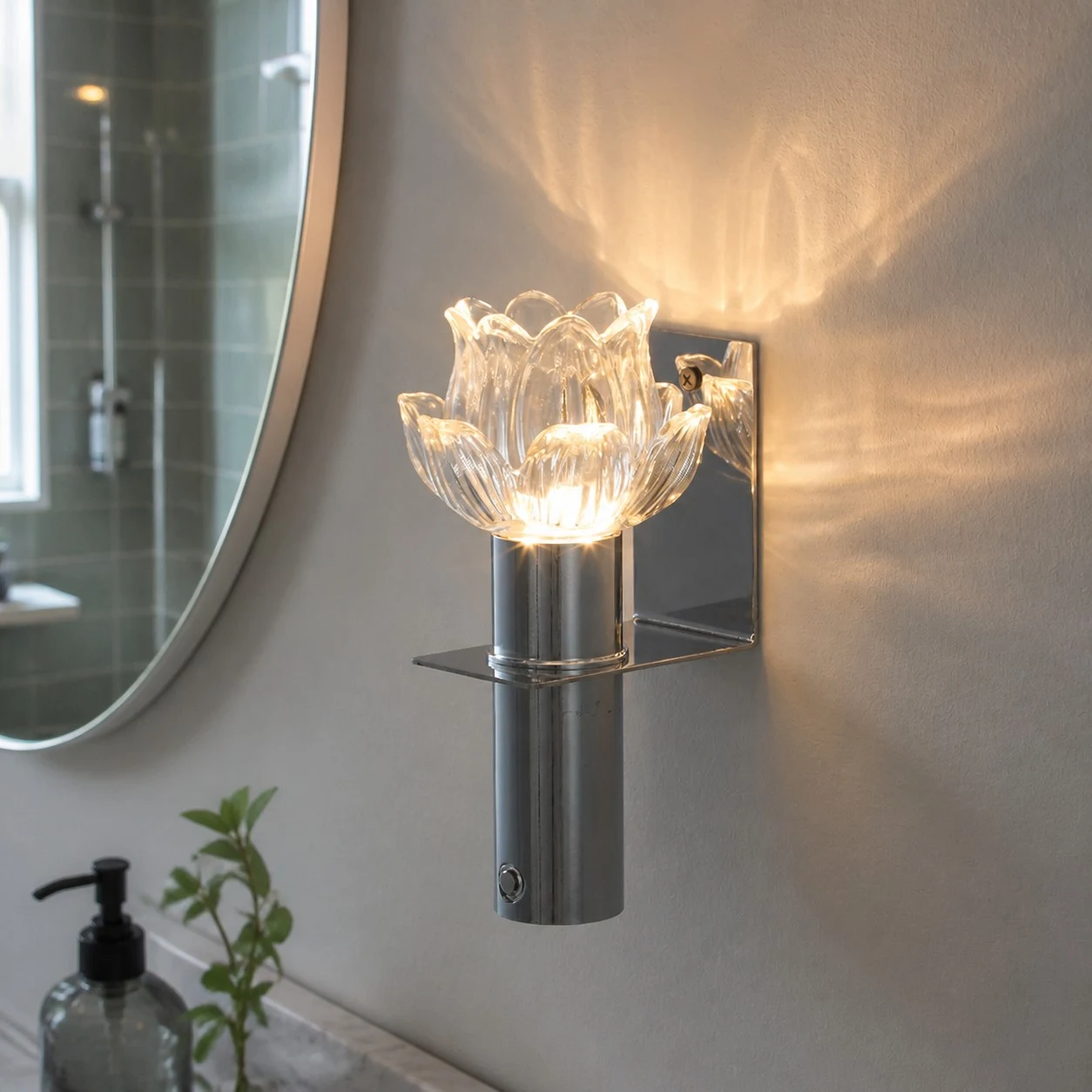 Rechargeable chrome clear lotus glass wall sconce