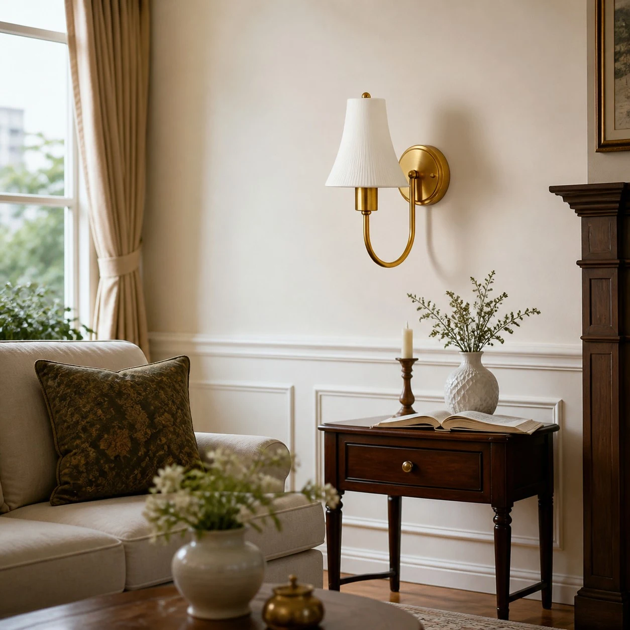 Polished chrome ceramic shade wall sconce beside a bed