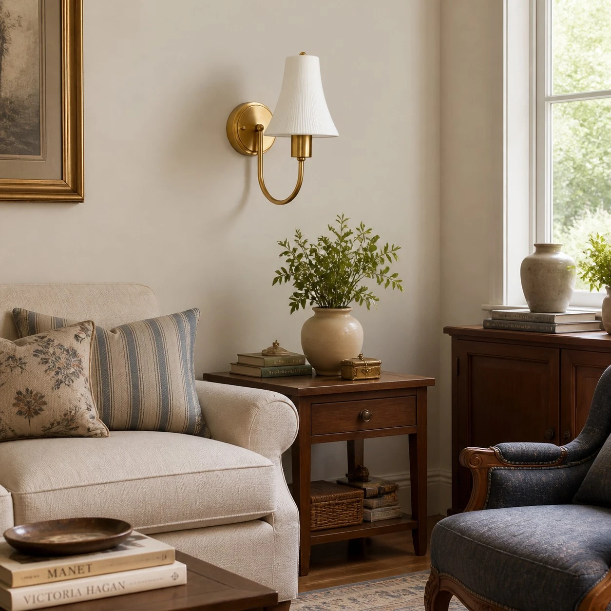Antique brass ceramic shade wall sconce in a vintage living room