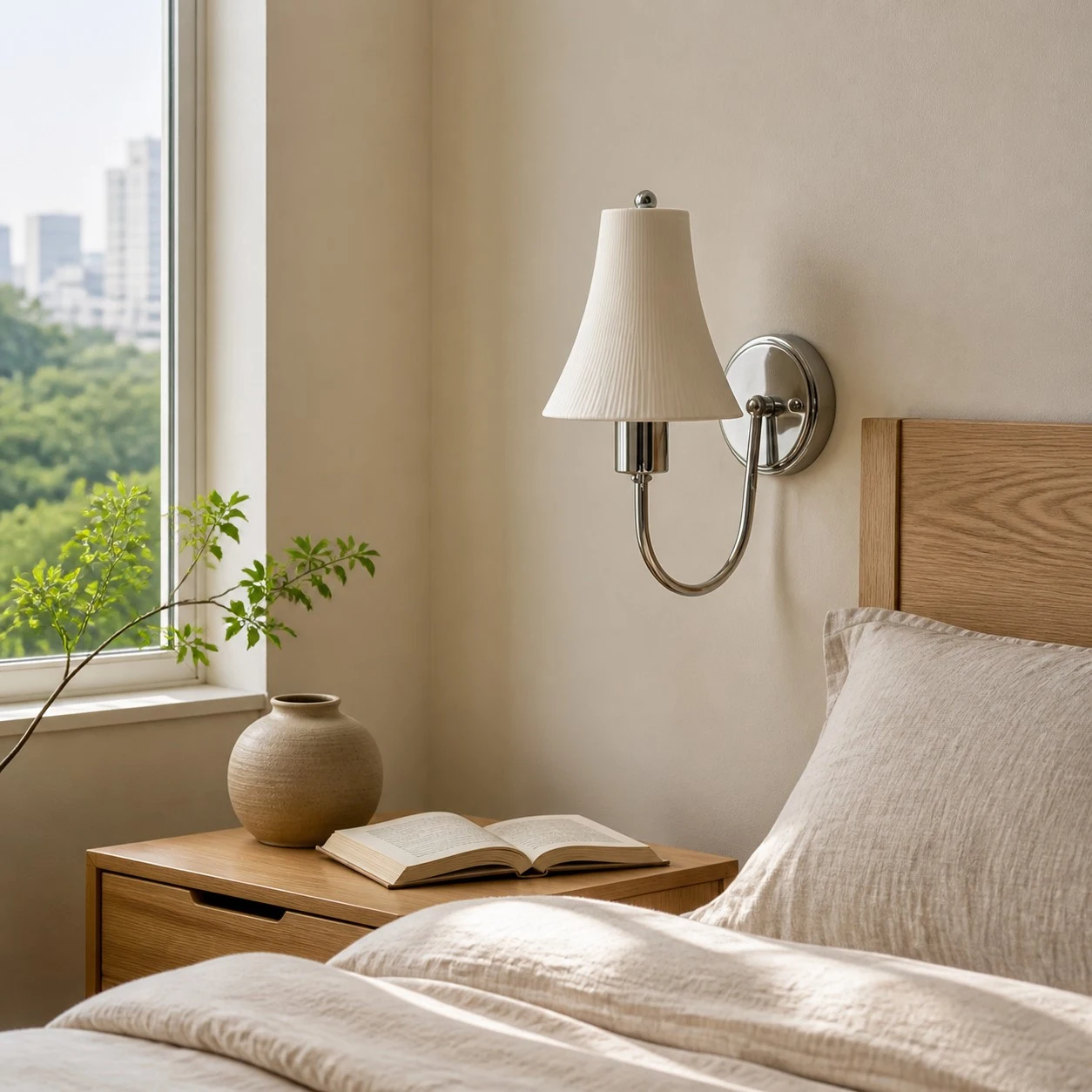 Polished chrome ribbed ceramic shade wall sconce